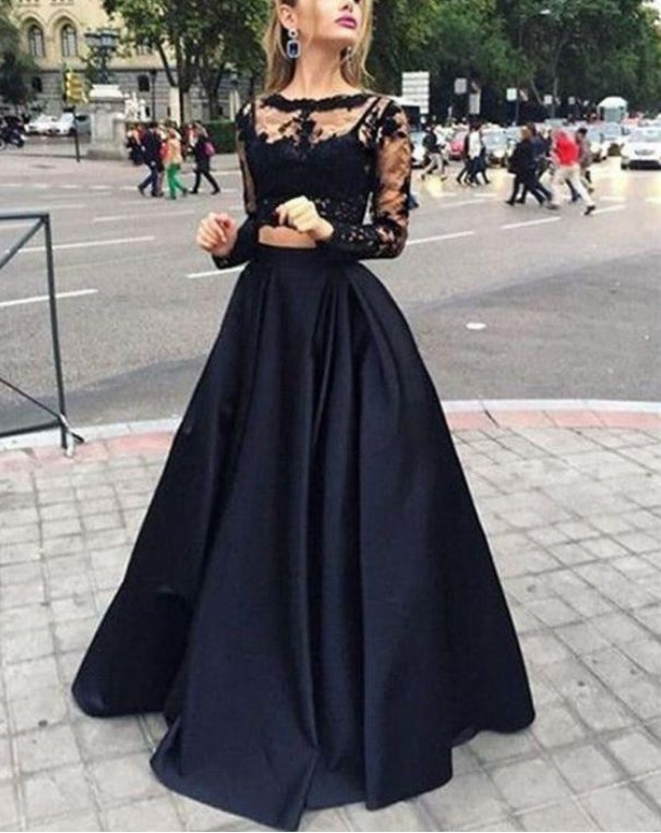 Luolandi A-line Bateau Floor-Length Satin Black Two Piece Prom Dresses Evening Dress